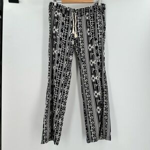 Kiss & Cry Linen Blend Black/Cream Aztec Pull On Wide Leg Pants w/Pockets Size L
